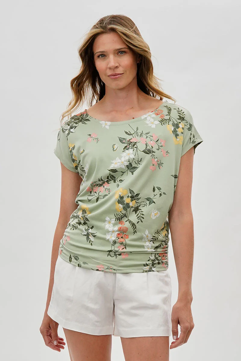 International INC Company Floral Ruched Side Blouse - Green