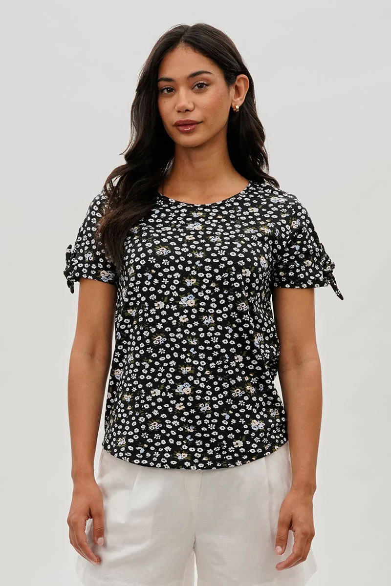 International INC Company Floral Tie Sleeve Tee - Black