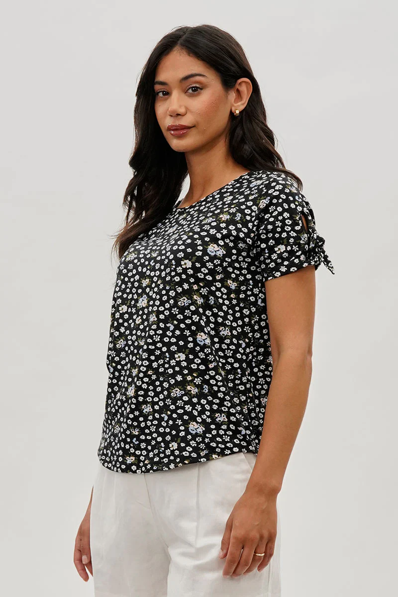 International INC Company Floral Tie Sleeve Tee - Black - Image 2
