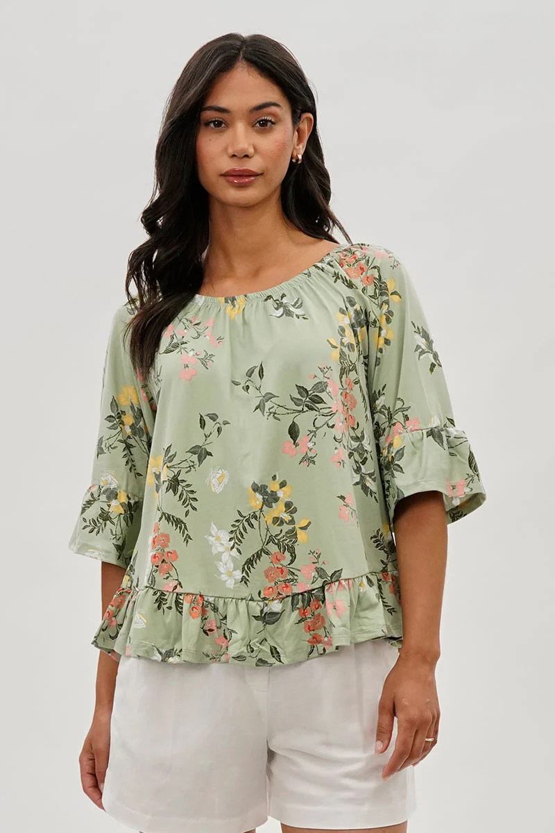 International INC Company Floral Ruffle Hem Blouse - Mint