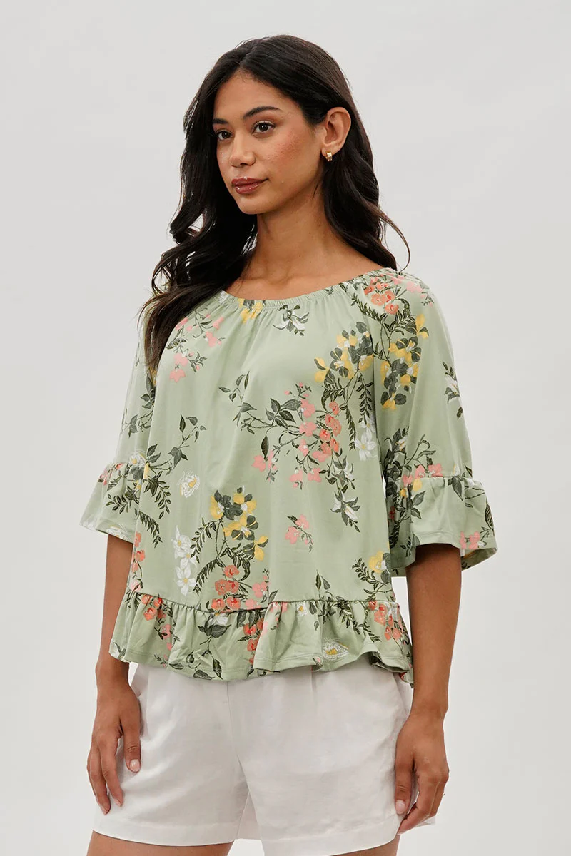 International INC Company Floral Ruffle Hem Blouse - Mint - Image 2