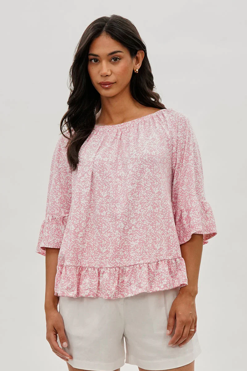 International INC Company Floral Ruffle Hem Blouse - Pink