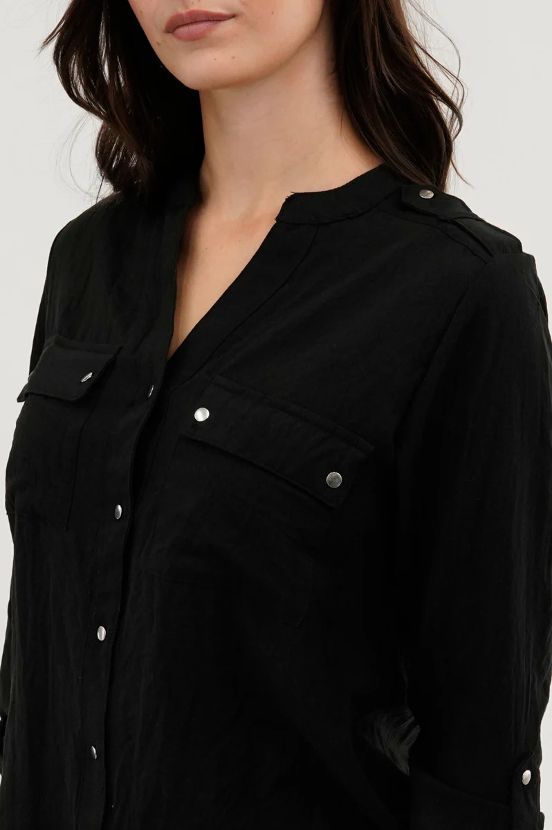 Runaway Bay Roll Up Sleeve Utility Pocket Blouse - Black - Image 4