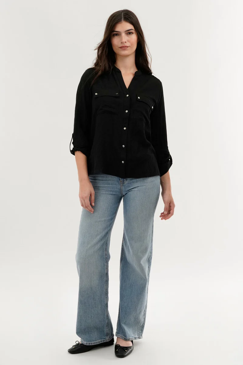 Runaway Bay Roll Up Sleeve Utility Pocket Blouse - Black - Image 5