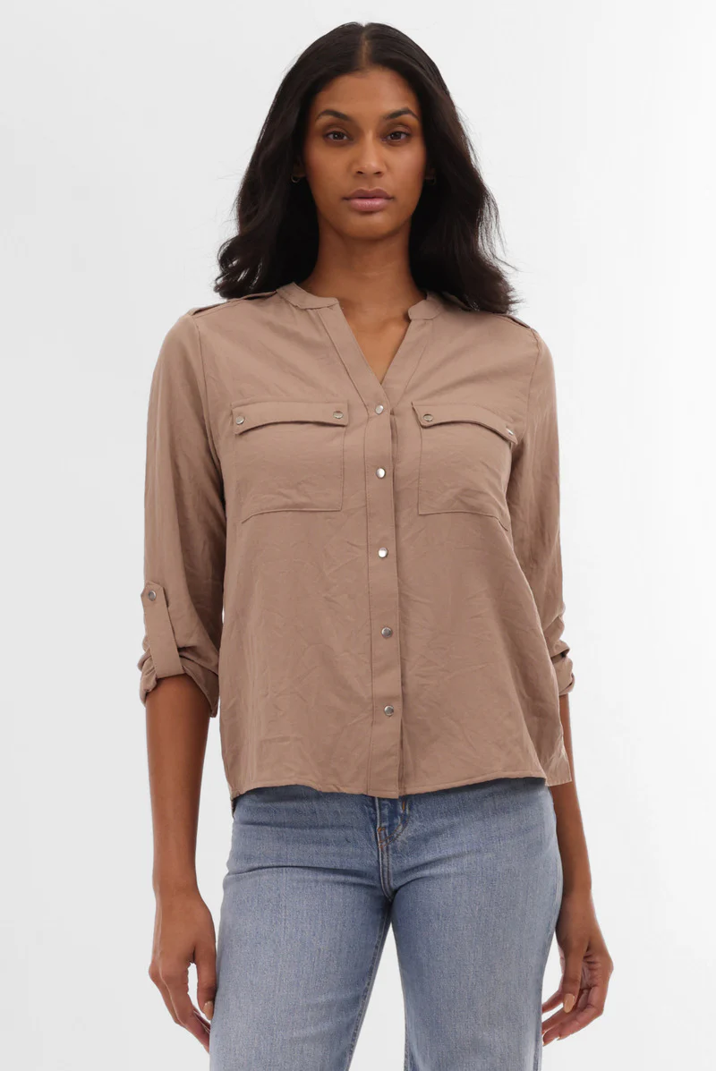 Runaway Bay Roll Up Sleeve Utility Pocket Blouse - Taupe