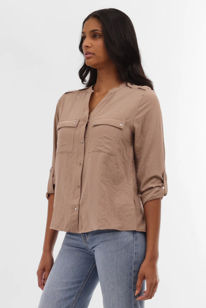 Runaway Bay Roll Up Sleeve Utility Pocket Blouse - Taupe - Image 2