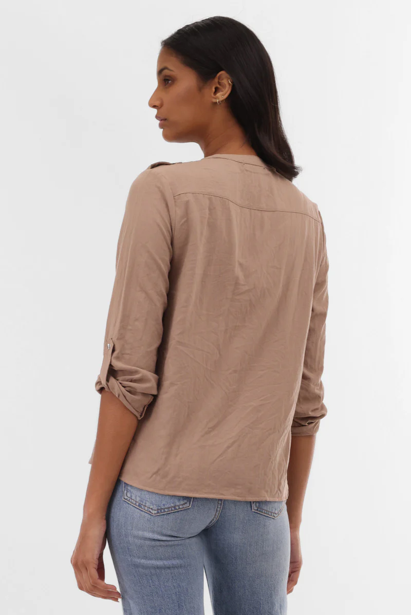 Runaway Bay Roll Up Sleeve Utility Pocket Blouse - Taupe - Image 3