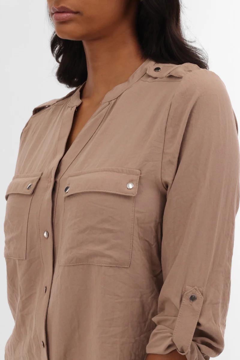 Runaway Bay Roll Up Sleeve Utility Pocket Blouse - Taupe - Image 4