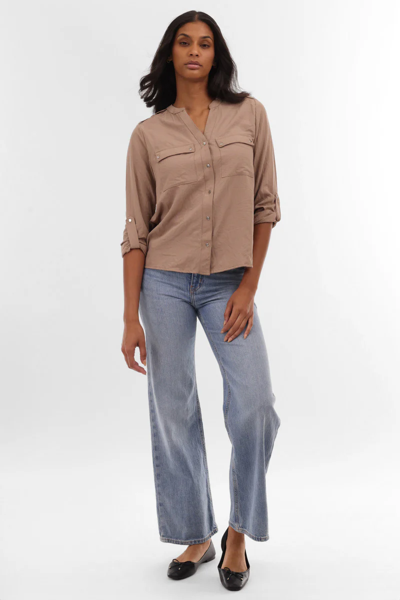 Runaway Bay Roll Up Sleeve Utility Pocket Blouse - Taupe - Image 5