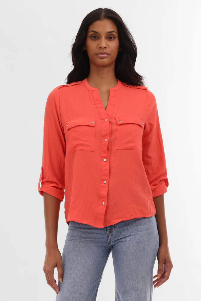 Runaway Bay Roll Up Sleeve Utility Pocket Blouse - Coral