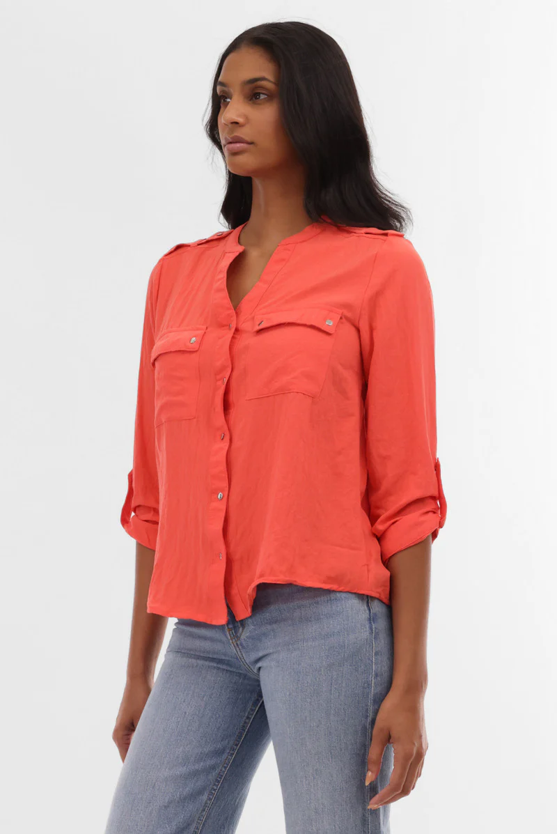 Runaway Bay Roll Up Sleeve Utility Pocket Blouse - Coral - Image 2