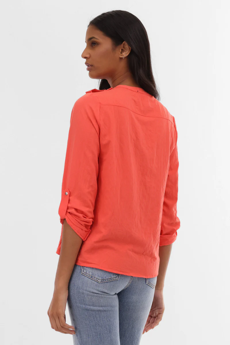 Runaway Bay Roll Up Sleeve Utility Pocket Blouse - Coral - Image 3