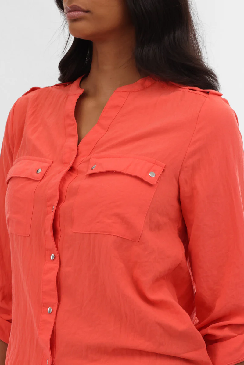Runaway Bay Roll Up Sleeve Utility Pocket Blouse - Coral - Image 4