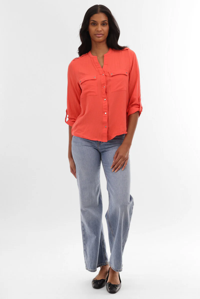 Runaway Bay Roll Up Sleeve Utility Pocket Blouse - Coral - Image 5
