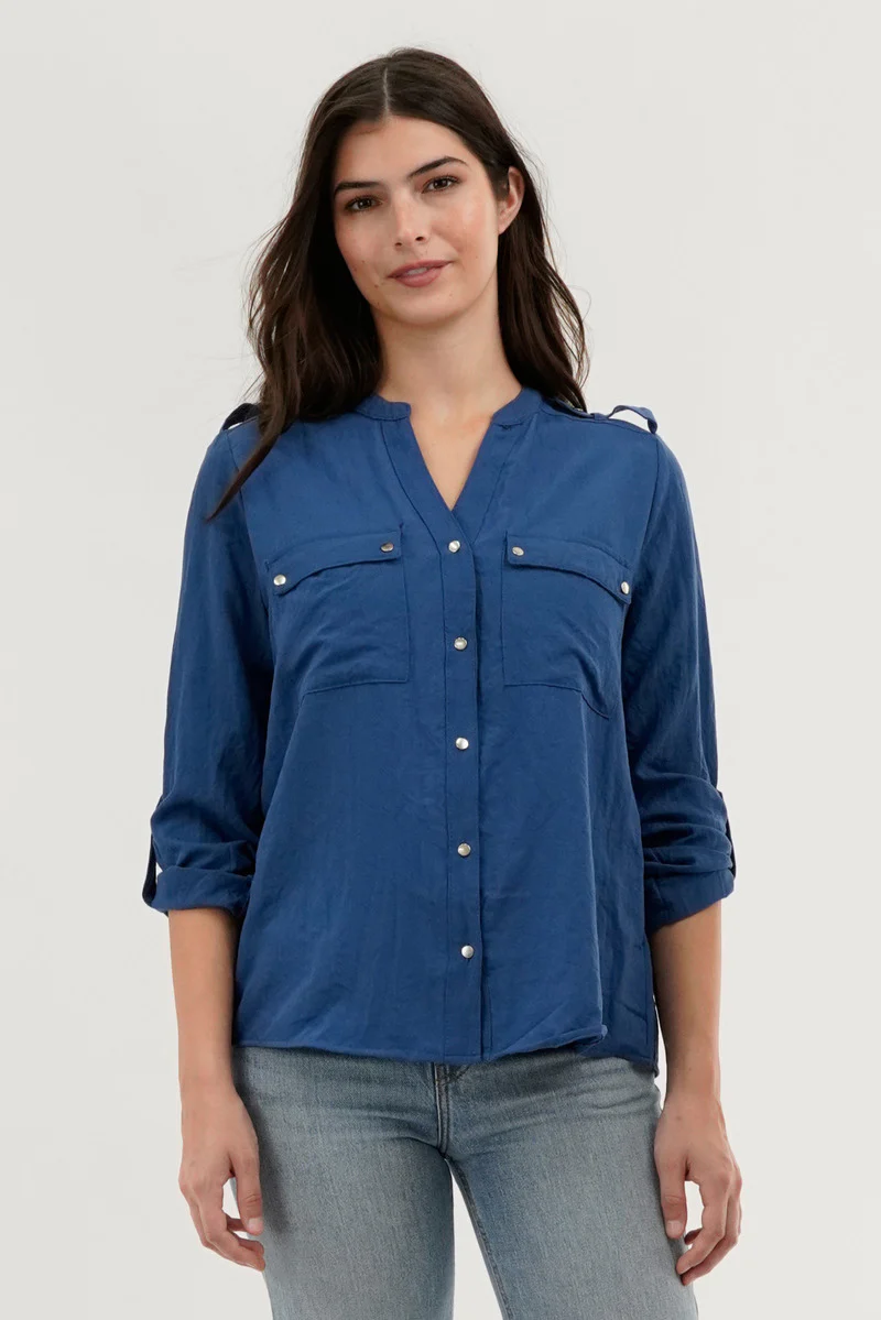 Runaway Bay Roll Up Sleeve Utility Pocket Blouse - Navy