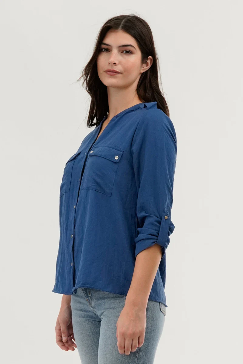 Runaway Bay Roll Up Sleeve Utility Pocket Blouse - Navy - Image 2