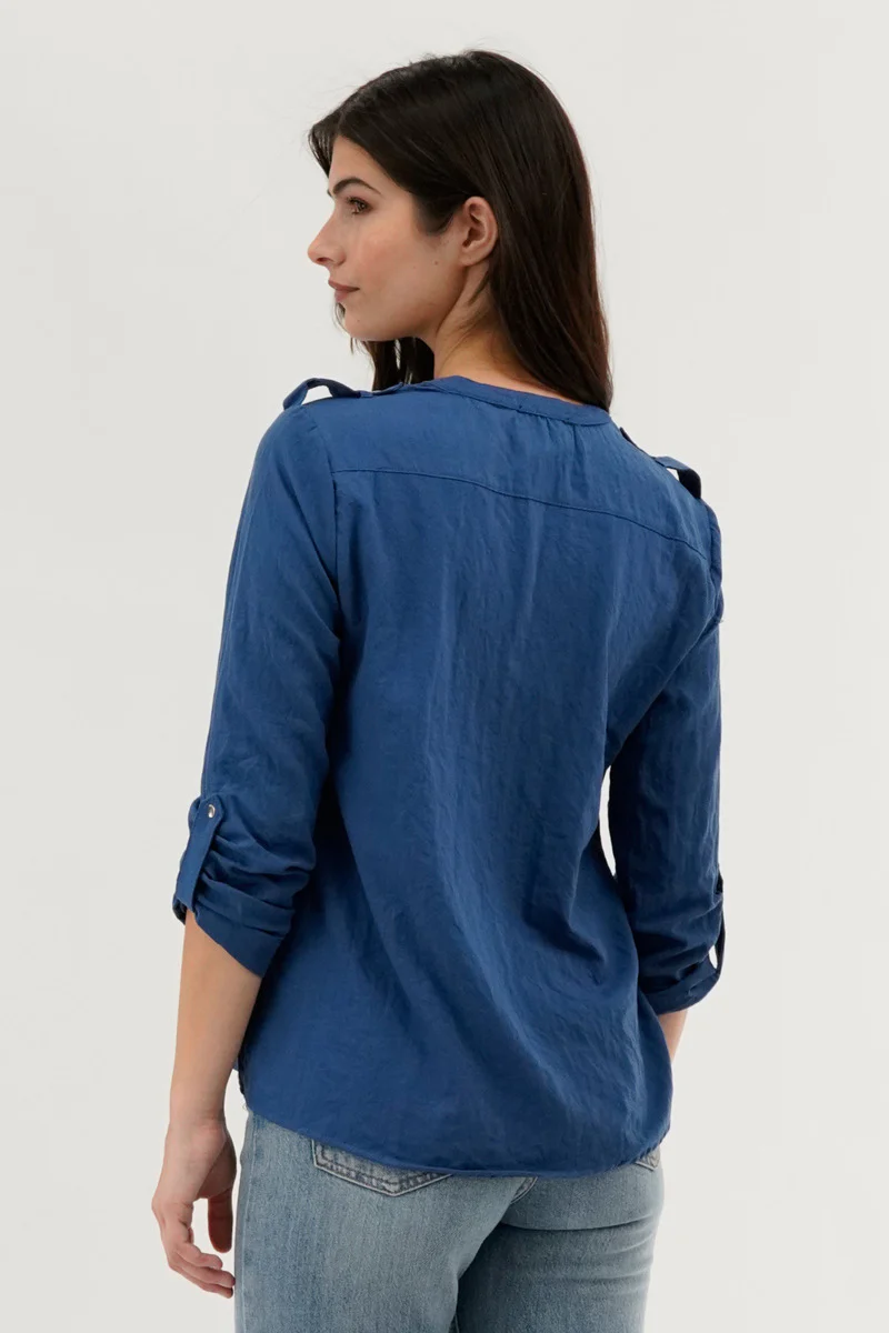Runaway Bay Roll Up Sleeve Utility Pocket Blouse - Navy - Image 3
