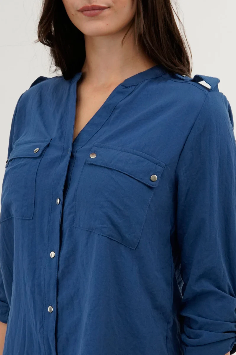 Runaway Bay Roll Up Sleeve Utility Pocket Blouse - Navy - Image 4
