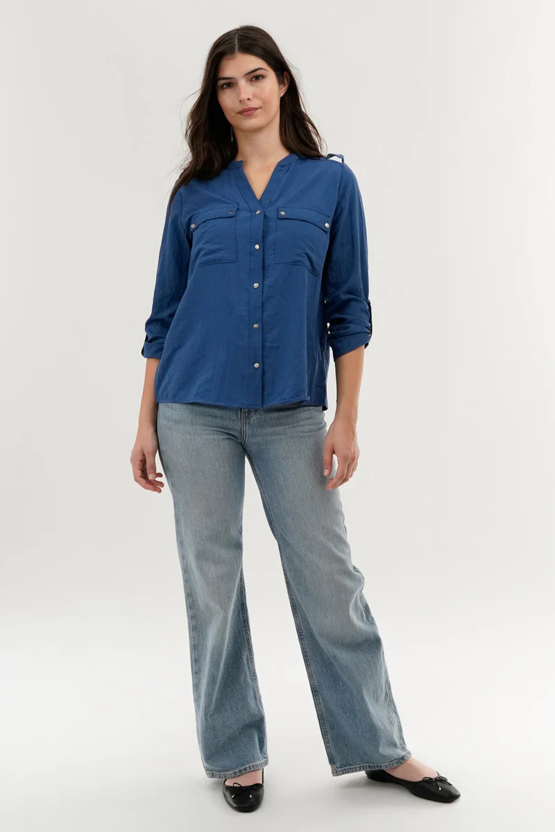 Runaway Bay Roll Up Sleeve Utility Pocket Blouse - Navy - Image 5