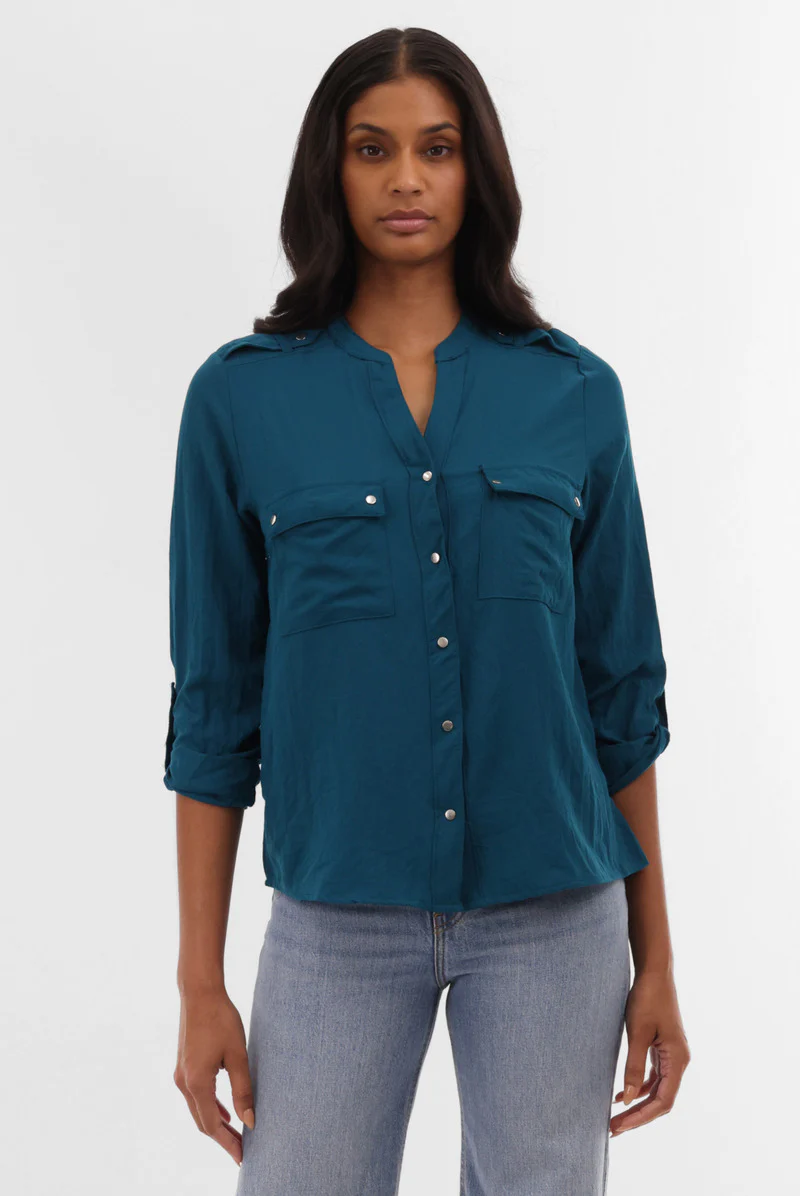 Runaway Bay Roll Up Sleeve Utility Pocket Blouse - Teal