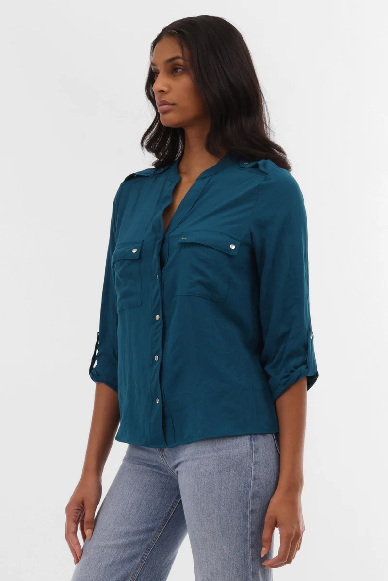 Runaway Bay Roll Up Sleeve Utility Pocket Blouse - Teal - Image 2