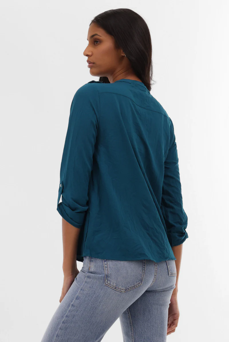 Runaway Bay Roll Up Sleeve Utility Pocket Blouse - Teal - Image 3