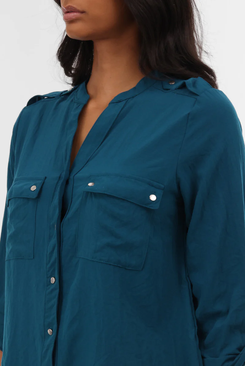 Runaway Bay Roll Up Sleeve Utility Pocket Blouse - Teal - Image 4