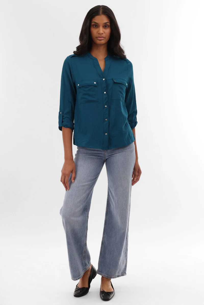 Runaway Bay Roll Up Sleeve Utility Pocket Blouse - Teal - Image 5
