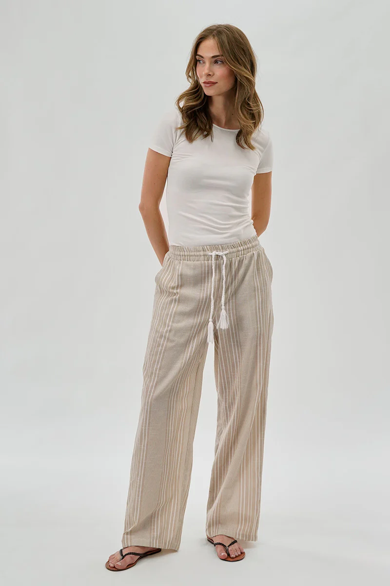 Beechers Brook Striped Drawstring Wide Leg Pants - Beige - Image 5