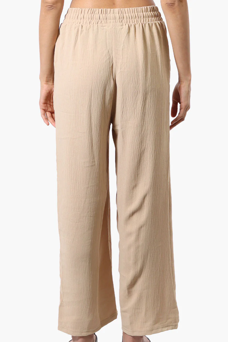 Stylexchange Tie Waist Wide Leg Crinkled Pants - Beige - Image 3