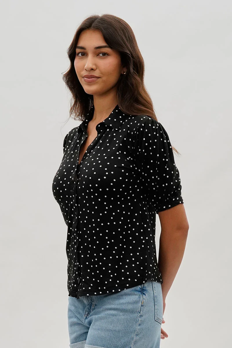 International INC Company Polka Dot Puffer Sleeve Blouse - Black - Image 2