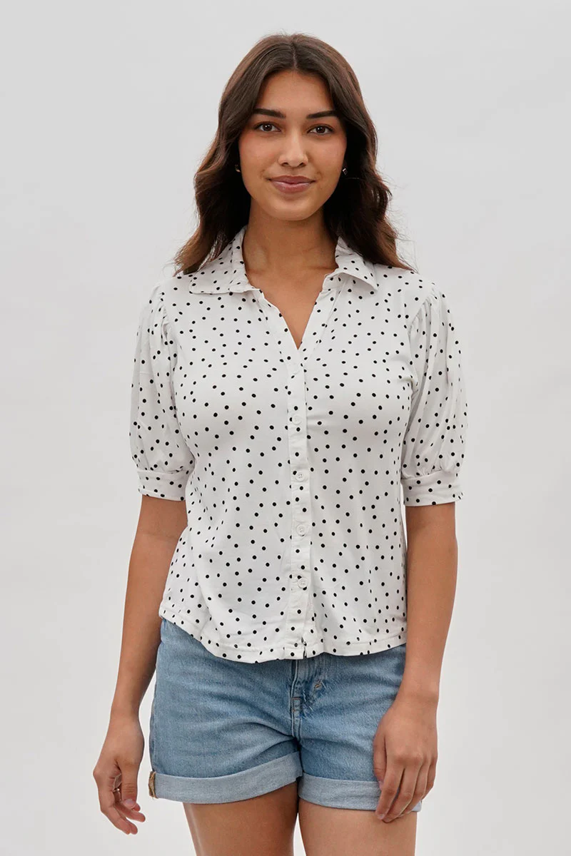 International INC Company Polka Dot Puffer Sleeve Blouse - White