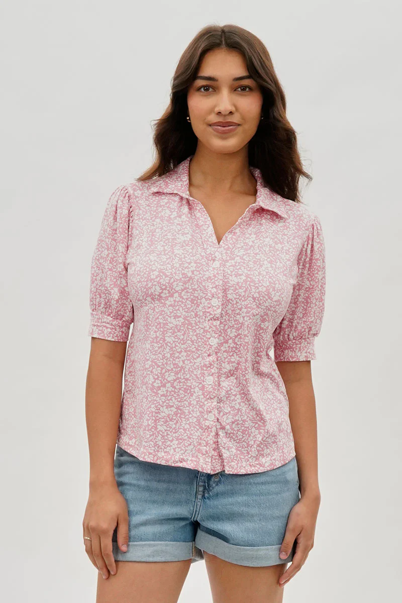 International INC Company Floral Puffer Sleeve Blouse - Pink