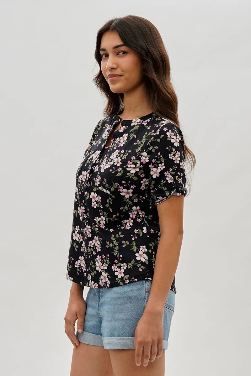 International INC Company Floral Short Sleeve Blouse - Black - Image 2