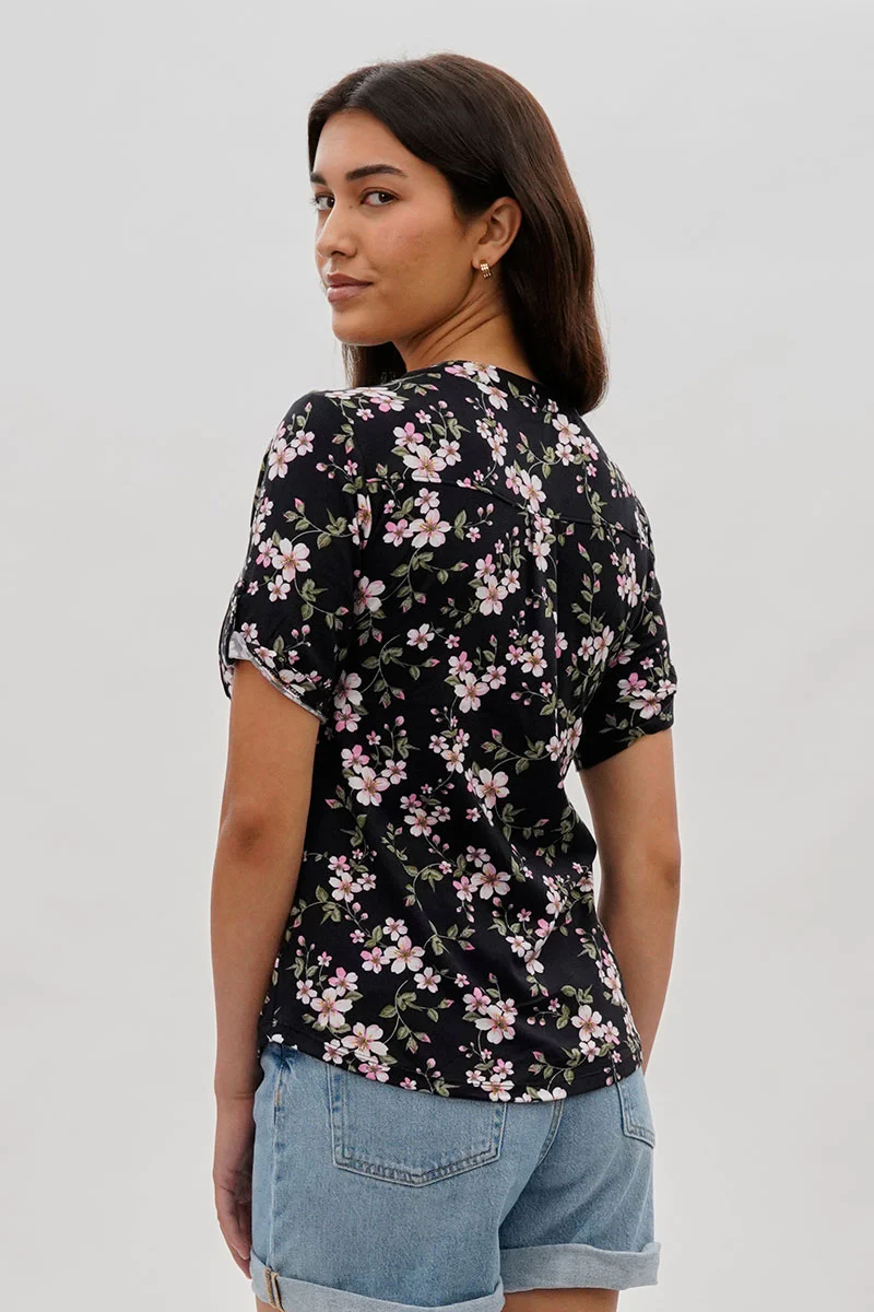 International INC Company Floral Short Sleeve Blouse - Black - Image 3