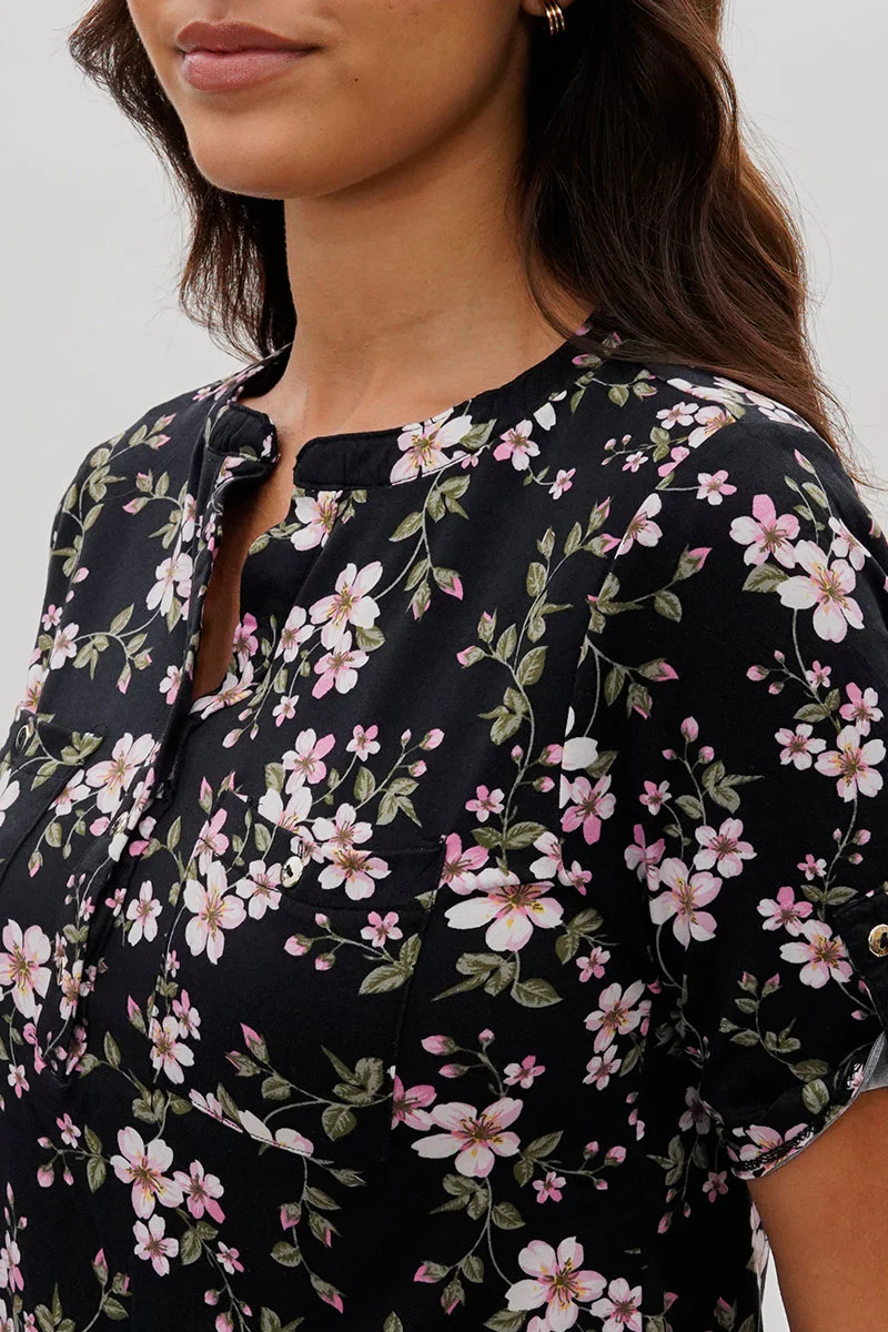 International INC Company Floral Short Sleeve Blouse - Black - Image 4