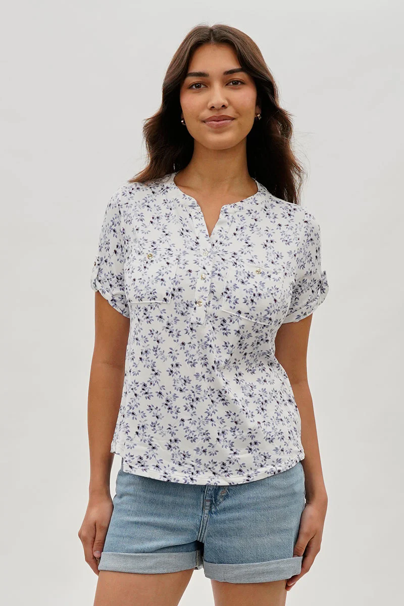 International INC Company Floral Short Sleeve Blouse - White