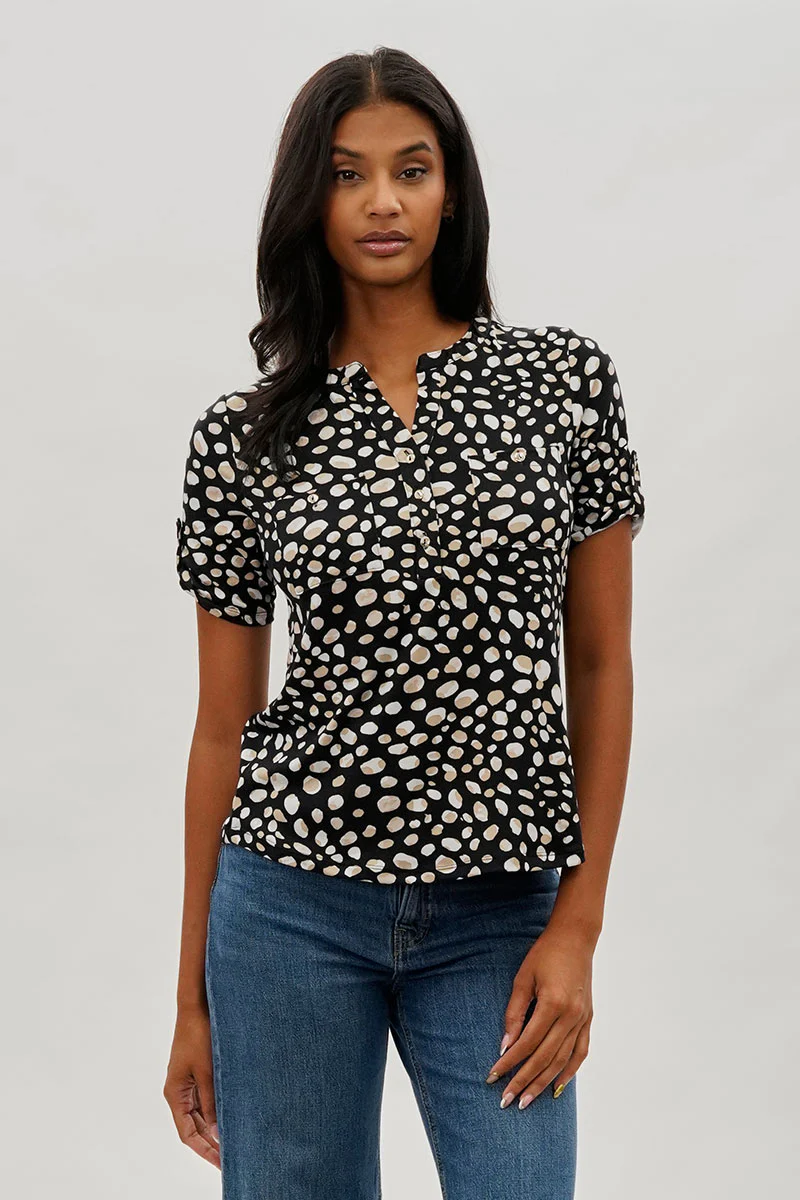 International INC Company Patterned Short Sleeve Blouse - Black