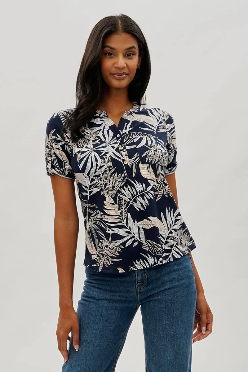 International INC Company Floral Short Sleeve Blouse - Navy