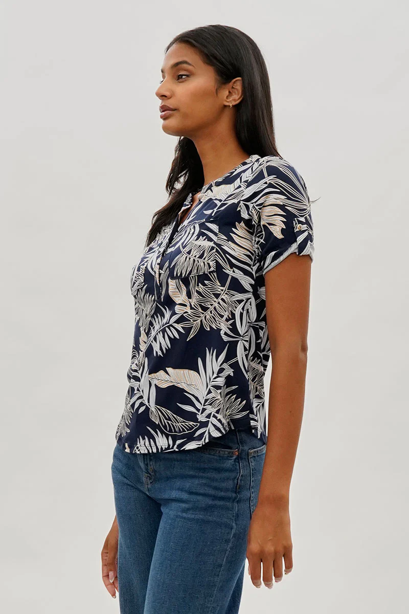 International INC Company Floral Short Sleeve Blouse - Navy - Image 2