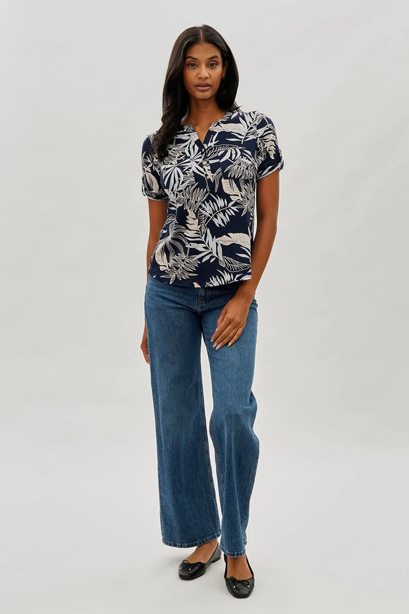 International INC Company Floral Short Sleeve Blouse - Navy - Image 5