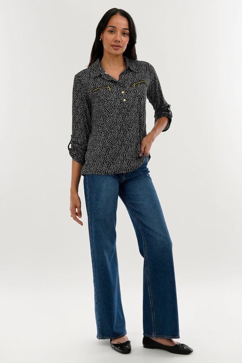 International INC Company Patterned Roll Up Sleeve Blouse - Black - Image 5