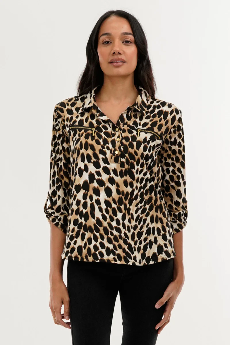 International INC Company Leopard Print Roll Up Sleeve Blouse - Beige