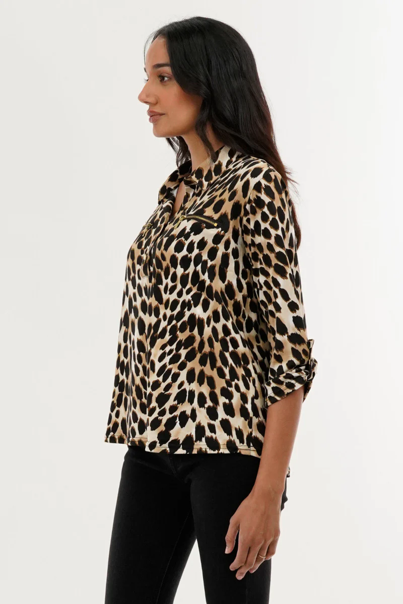 International INC Company Leopard Print Roll Up Sleeve Blouse - Beige - Image 2