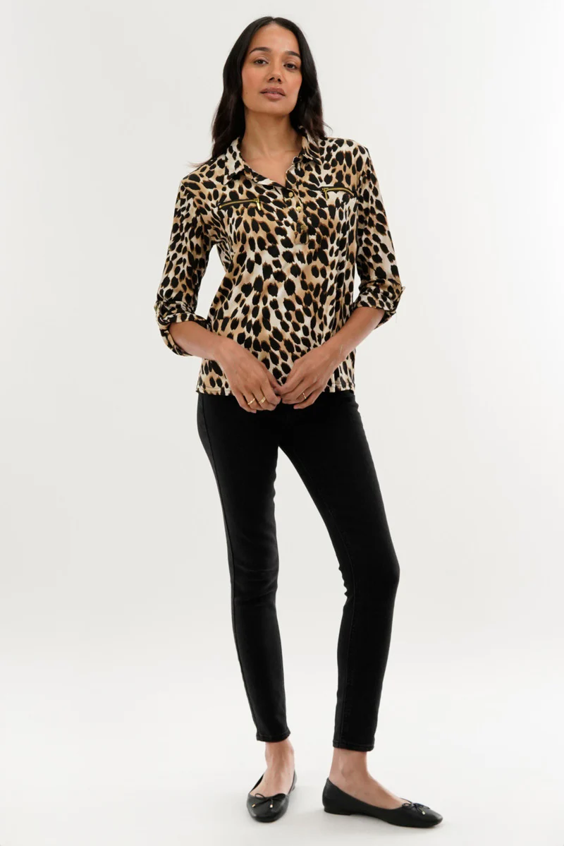 International INC Company Leopard Print Roll Up Sleeve Blouse - Beige - Image 5