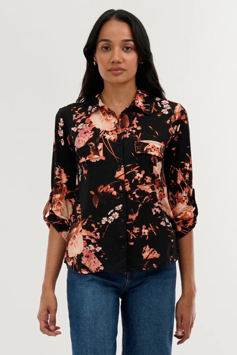 International INC Company Floral Button Down Shirt - Black