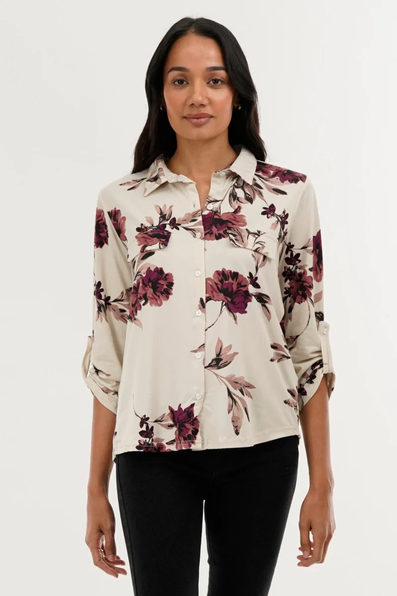 International INC Company Floral Button Down Shirt - Beige