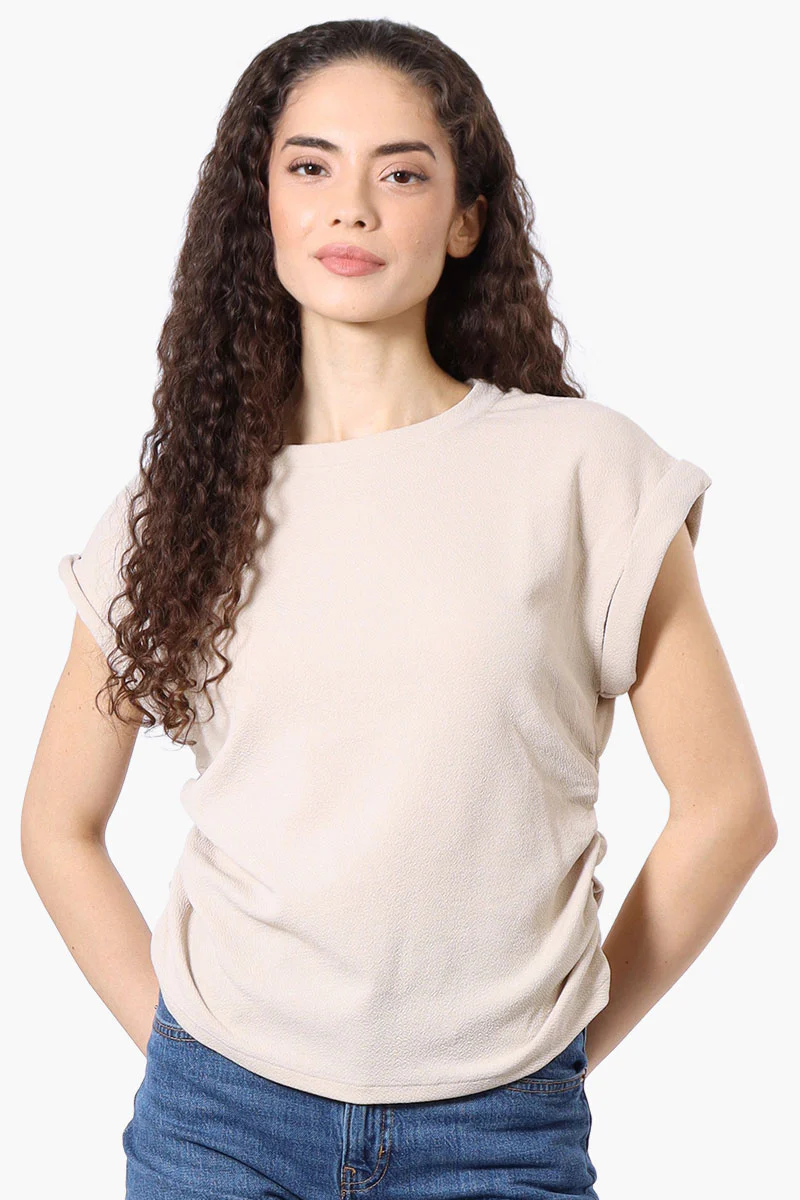 Impress Short Sleeve Side Ruching Blouse - Beige