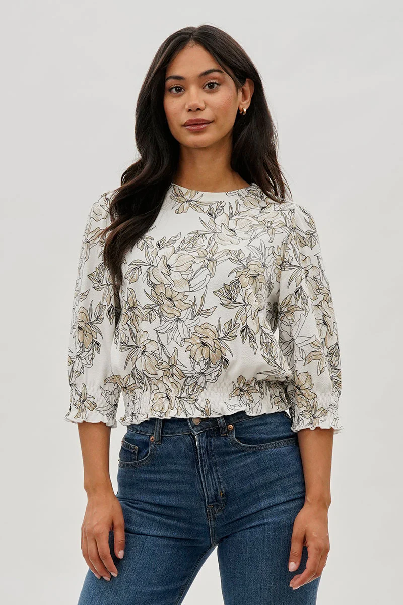 Runaway Bay Floral Smocked Hem Blouse - White