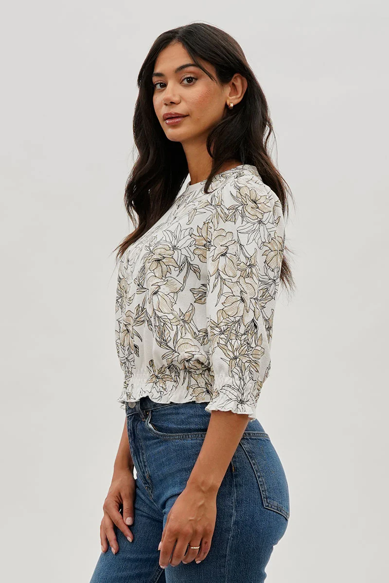 Runaway Bay Floral Smocked Hem Blouse - White - Image 2